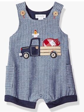 Mud Pie Baby Boy Farm Truck Shortall Romper 6–9M Chambray Pig Chicken Applique